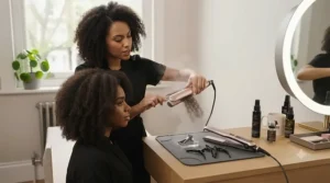 Stylist demonstrating how ceramic and steam styling tools perform on thick, curly British hair types.