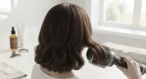 Rear view of a salon-quality bouncy blow-out created using a large barrel round brush dryer.