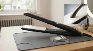 Close-up view of smooth ceramic straightener plates designed to deliver even heat distribution for everyday styling.