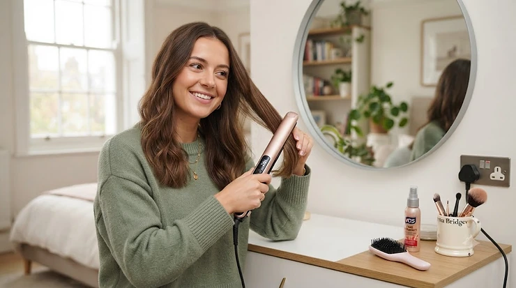 Beginner using a pink ceramic hair straightener in a bright British bedroom mirror ceramic straighteners for beginners