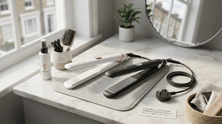 Side-by-side comparison of ceramic and titanium hair straighteners on a sleek vanity surface. ceramic vs titanium straighteners