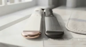 Macro close-up comparing the smooth ceramic coating versus the metallic titanium surface of hair straightener plates.