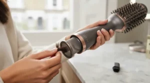 Hands removing stray hairs from the removable rear filter of a hot air styling brush.