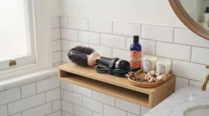 Compact hair dryer brush stored neatly on a bathroom shelf alongside hair accessories.