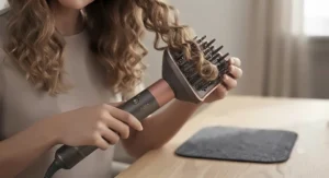 Using a diffuser attachment on a heated styling wand set to enhance natural curls and reduce frizz.