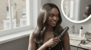 Sleek, glossy hairstyle achieved with professional hair straighteners ready for a night out in London.