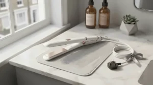 Long-lasting professional hair straighteners resting on a marble countertop.