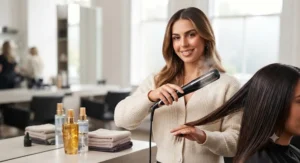Stylist holding a premium steam straightener while giving advice on treating dry hair.