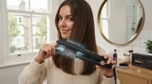 Sleek, glossy blowout achieved quickly using an ionic hair straightener for a salon finish at home.