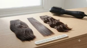 Ergonomic handle and multi-speed temperature control buttons on a modern flat paddle hot air styler.