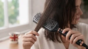 Before and after comparison showing sleek, glossy, and frizz-free hair achieved with a paddle blow dryer.