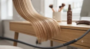 A close-up of a section of fine, light brown hair that has been styled with the ionic straightener, appearing perfectly straight, incredibly glossy, and completely free of frizz or flyaways.