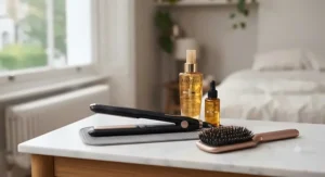 Heat protectant spray and a steam straightener laid out on a dressing table for a dry hair routine.