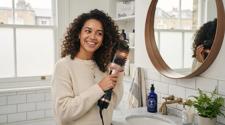 Woman with defined curls smiling while styling her hair using a hot air styler at home. hair dryer brush combo for curly hair