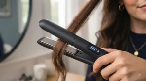 Close-up detail of the advanced ceramic plates of the hair straightener, showing a strand of hair being styled for a smooth finish.
