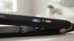 Digital LED temperature display on a modern hair straightener showing adjustable heat settings for safe styling.