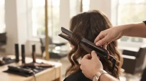 Close-up of a hair straightener's digital temperature display for precision heat styling.