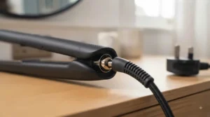 A demonstration of using the rounded body of the hair straightener to create loose, bouncy curls in the woman's brown hair.