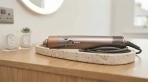 Close-up of the LED heat and airflow control buttons on the handle of a multi-styler.