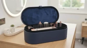 A premium presentation storage case neatly holding a hair styler and all its interchangeable heads.