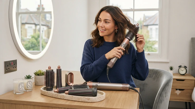A multi-styler hair styler with interchangeable heads displayed on a vanity table, ready for styling hair. hair styler with interchangeable heads