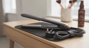 The ionic straightener cooling down safely on a dark, textured heat-resistant mat on the vanity surface, with its braided cord neatly coiled.