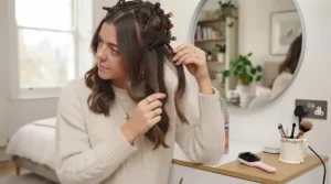 Woman spraying heat protection spray onto blonde hair before straightening