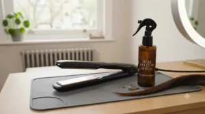 A bottle of heat protection spray placed next to ceramic hair straighteners on a dressing table to encourage safe styling habits.