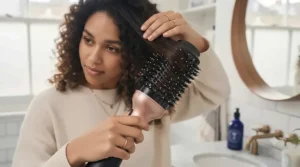 Close-up of temperature and speed switches on a hair dryer brush showing low-heat options for curly hair.