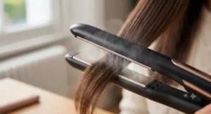 Diagram showing how micro-steam technology protects and hydrates dry hair during straightening.