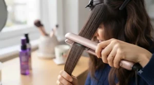 Stylist gliding ionic straighteners smoothly down a section of frizzy hair for a sleek finish.
