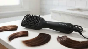 Step-by-step styling guide showing sectioned hair being straightened with a flat paddle hot air tool.
