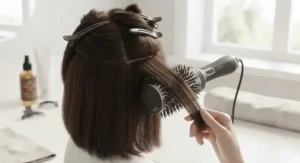 Hair partitioned into neat sections ready for styling with a large barrel round brush dryer.