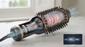 Step-by-step diagram showing airflow direction through a ceramic barrel round brush hair dryer.
