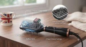 Infographic highlighting ionic technology and airflow vents on the back of a paddle styling dryer.
