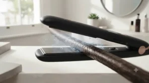 Close-up of hair cuticles smoothing down using negative ion technology in a hair straightener to combat UK humidity.