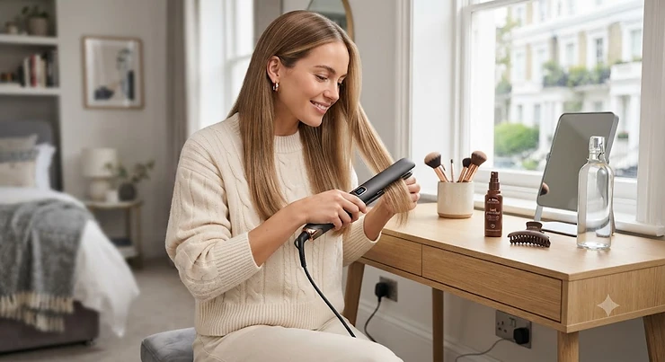 A stylish woman in a bright London apartment sitting at a light oak vanity table and using sleek ionic hair straighteners on her fine blonde hair. ionic straighteners for fine hair