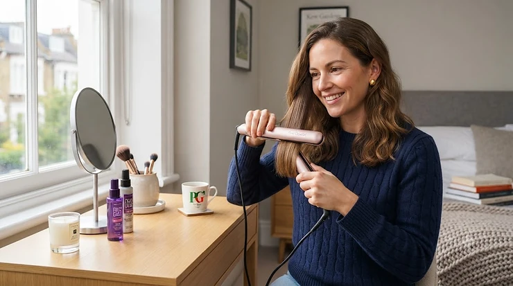 Sleek ceramic ionic straighteners smoothing long, frizzy hair on a marble vanity surface. ionic straighteners for frizzy hair