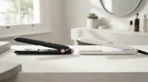Side-by-side product comparison of an ionic hair straightener and a ceramic hair straightener on a neutral background.