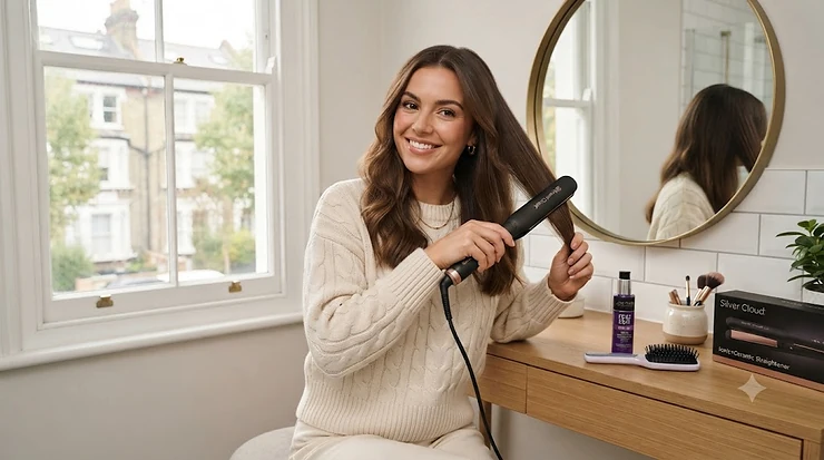 Woman with smooth, frizz-free hair smiling while holding an ionic vs ceramic straightener, showcasing professional styling results. ionic vs ceramic straighteners