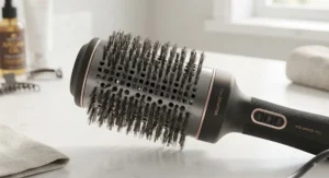 Close-up of the ceramic bristles and barrel on a large barrel round brush dryer highlighting airflow vents.