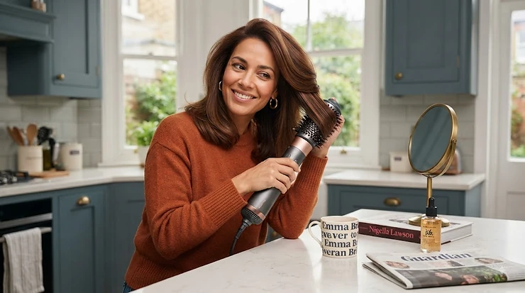Woman with glossy, voluminous blow-dried hair using a large barrel round brush dryer at home. large barrel round brush dryer