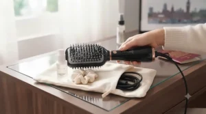 A compact, lightweight paddle brush hair dryer packed neatly inside a travel wash bag.
