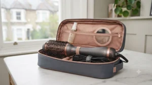 Compact and lightweight round brush hair dryer packed neatly inside a travel wash bag.