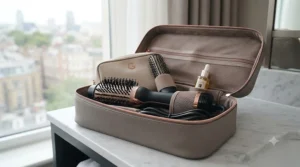 Compact 2 in 1 hair dryer brush packed neatly alongside a makeup bag for travel-ready styling.