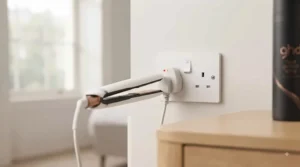 Compact, travel-sized hair straighteners perfect for packing in a suitcase.