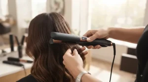 Hair stylist using a professional flat iron to smooth and straighten hair at a salon.