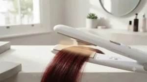 Person using a ceramic hair straightener to style colour-treated hair without fading or scorching.