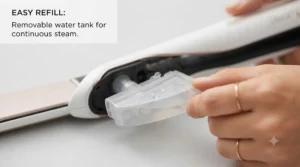 Removing the integrated water tank from a steam hair straightener for refilling.