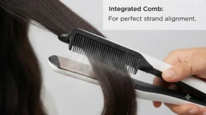 Built-in detangling comb attachment on a wide-plate steam hair straightener.
